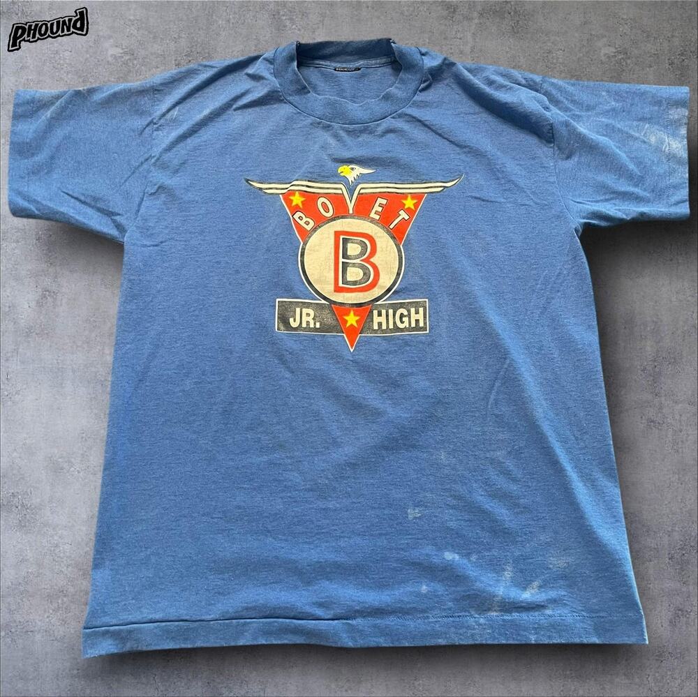Boet Jr High Shirt Mens Large Blue School Eagle Short Sleeve Screen Stars Vtg
